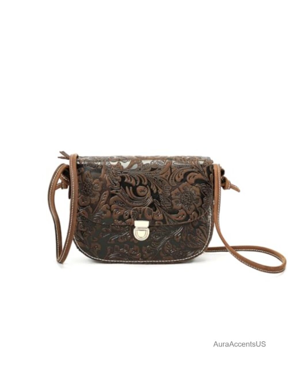 Full-Grain Leather Womens Crossbody Bag Floral Embossed Small Shoulder Purse